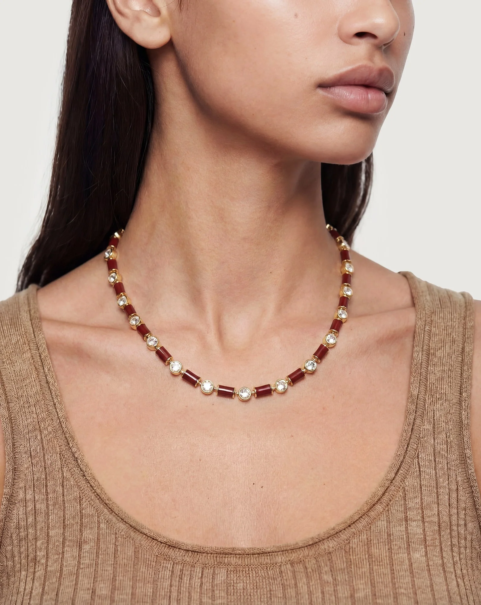 Burgundy Enamel and Crystal Barrel Necklace - Image 2
